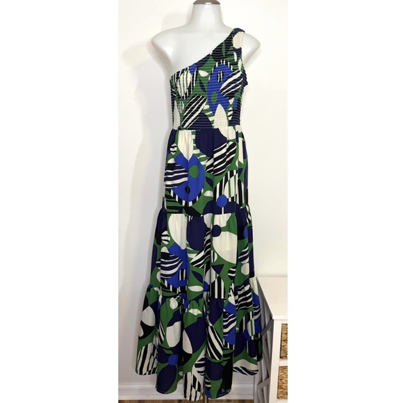 Sugarlips Xandria Geometric Smocked One Shoulder Tiered Maxi Dress Blue Green S - Picture 3 of 10